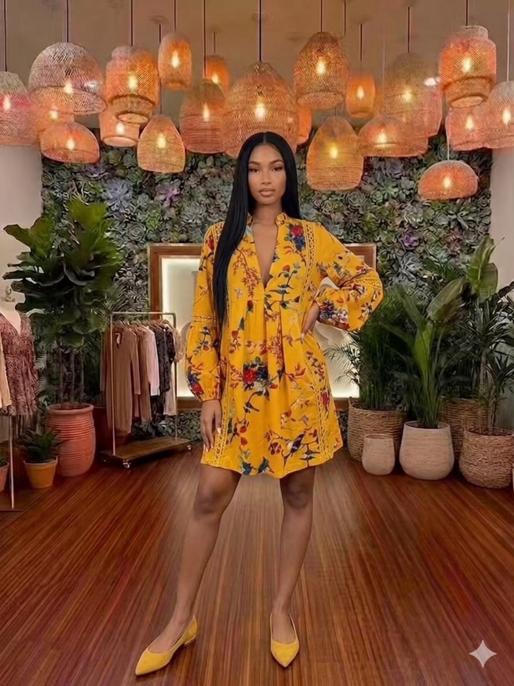 Boho Floral Yellow Tunic Dress